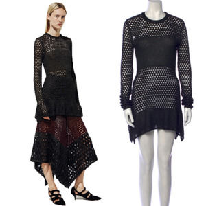 Proenza Schouler Silk Long Sleeves Open Knit Tunic Mini Dress Size Small Black